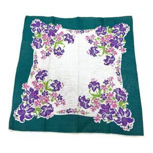 Vintage Floral Handkerchief Cotton Square 11.75" Purple Pink Freesia Green
